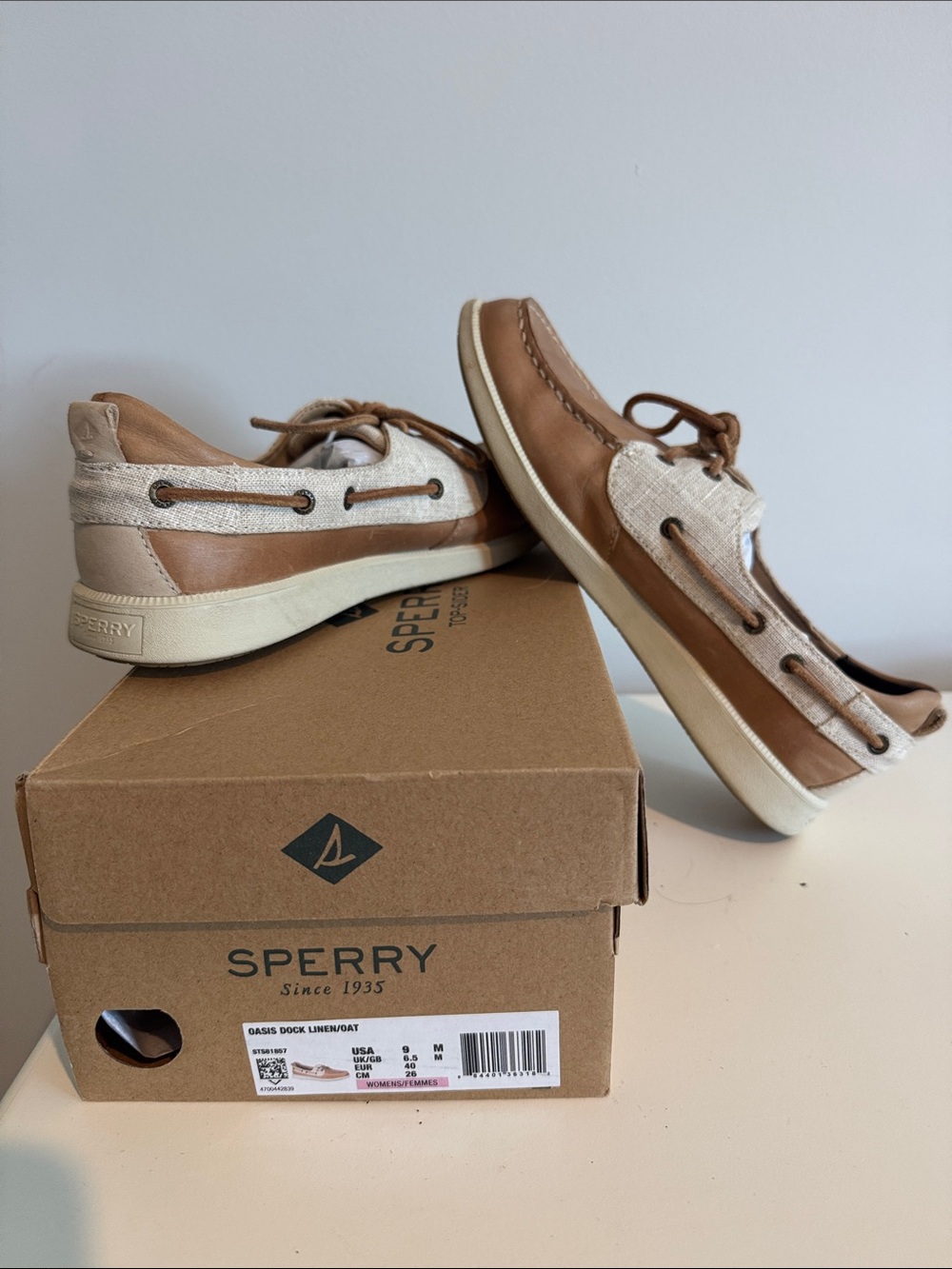 Women’s Sperry Oasis Dock Linen/Oat Tan Leather & Canvas Boat Loafer Shoes